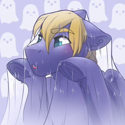Size: 1500x1500 | Tagged: safe, artist:romyvdhel-art, oc, oc only, oc:cloud quake, bedsheet ghost, clothing, costume, ghost, see-through, sheet, simple background, solo, underhoof