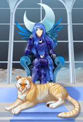 Size: 1000x1471 | Tagged: safe, artist:jay-kuro, character:princess luna, species:human, armor, big cat, commission, crossed legs, duo, female, humanized, long hair, looking at you, moon, sitting, stars, throne, tiger, woman