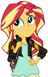 Size: 398x631 | Tagged: safe, artist:fella, character:sunset shimmer, equestria girls:friendship games, g4, my little pony: equestria girls, my little pony:equestria girls, bag, clothing, cute, female, hand on hip, jacket, leather jacket, shimmerbetes, simple background, smiling, solo, transparent background