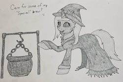 Size: 3976x2660 | Tagged: safe, artist:nightwind-arts, oc, oc only, oc:last call, species:pony, species:unicorn, cauldron, clothing, costume, halloween, halloween costume, hat, holiday, monochrome, nightmare night, nightmare night costume, sketch, solo, standing, traditional art, witch, witch hat