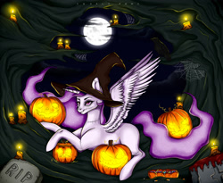 Size: 2593x2131 | Tagged: safe, artist:lovely-pony, character:princess celestia, species:alicorn, species:pony, princess molestia, candle, clothing, female, full moon, halloween, hat, holiday, jack-o-lantern, mare, moon, night, pumpkin, solo, tree, witch hat