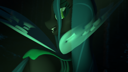Size: 3840x2160 | Tagged: safe, artist:jankiefx, character:queen chrysalis, species:changeling, 3d, changeling queen, female, fluffy, looking at you, looking back, smiling, solo, source filmmaker