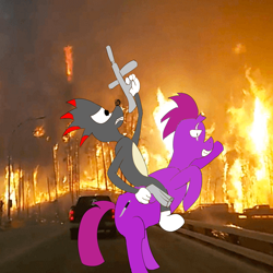 Size: 3000x3000 | Tagged: safe, artist:meme mare, character:tempest shadow, species:pony, my little pony: the movie (2017), 1000 hours in ms paint, car, crossover, edgy, edgy the hedgie, fire, irl, photo, ponies in real life, shadow the hedgehog, sonic the hedgehog (series)