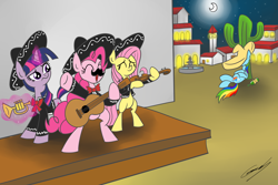 Size: 3000x2000 | Tagged: safe, artist:gearholder, character:fluttershy, character:pinkie pie, character:rainbow dash, character:twilight sparkle, species:pony, band, bipedal, cactus, concert, guitar, mariachi, mexico, musical instrument, sombrero, three amigos, trumpet
