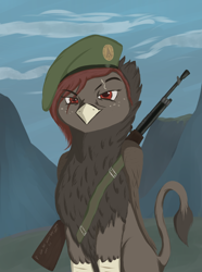 Size: 780x1050 | Tagged: safe, artist:phi, oc, oc only, species:griffon, equestria at war mod, beret, clothing, female, hat, m1918 b.a.r., solo, weapon