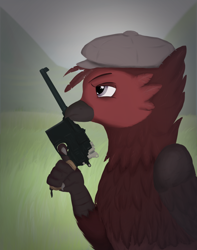 Size: 780x989 | Tagged: safe, artist:phi, oc, oc only, species:griffon, equestria at war mod, clothing, gun, hat, male, mauser c96, solo, weapon