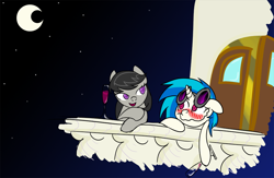 Size: 918x598 | Tagged: safe, artist:extremeasaur5000, character:dj pon-3, character:octavia melody, character:vinyl scratch, ship:scratchtavia, blushing, drunk, female, lesbian, shipping