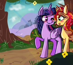 Size: 1000x899 | Tagged: safe, artist:pandanx12, character:sunset shimmer, character:twilight sparkle, character:twilight sparkle (alicorn), species:alicorn, species:pony, ship:sunsetsparkle, blushing, cloud, cute, female, flower, lesbian, looking at each other, looking back, mare, one eye closed, open mouth, raised hoof, shimmerbetes, shipping, smiling, tree, twiabetes, wink