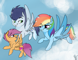 Size: 1280x981 | Tagged: safe, artist:poowndraww, character:rainbow dash, character:scootaloo, character:soarin', species:pony, ship:soarindash, female, male, scootaloo can fly, scootalove, shipping, straight