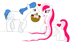 Size: 3527x2013 | Tagged: safe, artist:breadking, character:orion, oc, oc only, oc:rubie heart, species:alicorn, species:earth pony, species:pony, basket, female, flower, high res, male, mare, mouth hold, simple background, stallion, transparent background