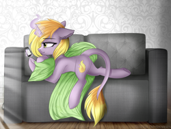 Size: 1024x769 | Tagged: safe, artist:queenofsilvers, oc, oc only, species:pony, species:unicorn, cellphone, couch, female, glowing horn, leonine tail, mare, phone, prone, smiling, solo