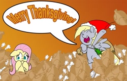 Size: 1011x648 | Tagged: safe, artist:extremeasaur5000, character:derpy hooves, character:fluttershy, species:pegasus, species:pony, air freshener, clothing, crying, female, flutterbuse, hat, mare, santa hat, thanksgiving, turkey