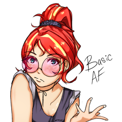 Size: 1000x1000 | Tagged: safe, artist:cronavongorgon, character:sunset shimmer, species:human, alternate hairstyle, basic, breasts, bust, cleavage, clothing, eyelashes, female, fingernails, glasses, humanized, long hair, looking at you, multicolored hair, ponytail, red hair, shrug, shrugset shimmer, simple background, solo, white background, yellow hair
