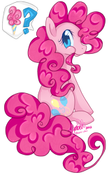 Size: 639x1026 | Tagged: safe, artist:ambunny, character:pinkie pie, species:earth pony, species:pony, cotton candy, cute, diapinkes, female, food, mare, nom, pictogram, question mark, simple background, sitting, solo, transparent background