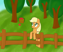 Size: 853x712 | Tagged: safe, artist:sanzols, character:applejack, species:earth pony, species:pony, apple tree, bipedal, bipedal leaning, female, fence, leaning, mare, missing accessory, signature, solo, tree