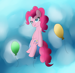 Size: 1600x1568 | Tagged: safe, artist:sanzols, character:pinkie pie, species:earth pony, species:pony, balloon, balloon sitting, colored pupils, female, floating, looking at you, mare, signature, sitting, smiling, solo