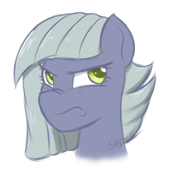 Size: 1004x1026 | Tagged: safe, artist:sanzols, character:limestone pie, species:earth pony, species:pony, bust, colored pupils, female, frown, glare, looking back, mare, portrait, signature, simple background, solo, white background