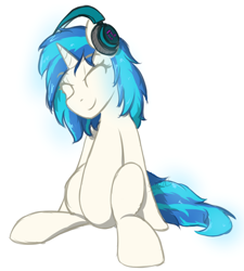Size: 1000x1109 | Tagged: safe, artist:sanzols, character:dj pon-3, character:vinyl scratch, species:pony, species:unicorn, eyes closed, female, headphones, mare, signature, simple background, sitting, smiling, solo, white background