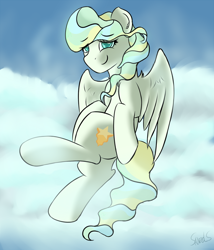 Size: 1024x1199 | Tagged: safe, artist:sanzols, character:vapor trail, species:pegasus, species:pony, g4, cloud, colored pupils, ear fluff, female, flying, mare, signature, sky, smiling, solo