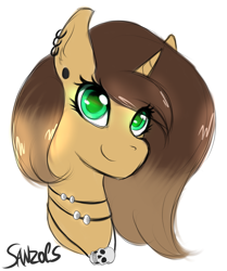 Size: 1164x1395 | Tagged: safe, artist:sanzols, oc, oc only, oc:esmeralda, species:pony, species:unicorn, bust, colored pupils, ear piercing, earring, female, jewelry, mare, necklace, piercing, portrait, signature, simple background, skull, smiling, solo, white background
