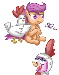 Size: 669x850 | Tagged: safe, artist:php13, character:pinkie pie, character:scootaloo, species:chicken, species:earth pony, species:pegasus, species:pony, animal costume, chicken pie, chicken suit, clothing, costume, female, filly, mare, scootachicken, simple background, sitting, white background