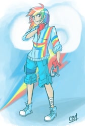 Size: 600x894 | Tagged: safe, artist:coin-trip39, character:rainbow dash, bandage, clothing, converse, female, fingerless gloves, gloves, goggles, humanized, jacket, shoes, shorts, solo