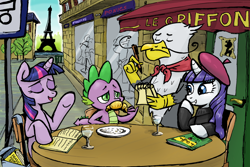 Size: 1800x1200 | Tagged: safe, artist:almaska, character:gustave le grande, character:rarity, character:spike, character:twilight sparkle, species:griffon, beatnik rarity, beret, cafe, clothing, croissant, eyes closed, food, france, grin, gustave le grande, hat, open mouth, paris, smiling, third wheel, underhoof, working
