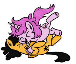 Size: 2000x1695 | Tagged: safe, artist:raptorfarts, oc, oc only, oc:pumpkin, oc:sugar swirl, species:pegasus, species:pony, species:unicorn, glomp, hug, simple background, transparent background