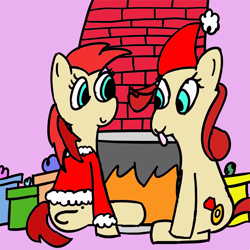 Size: 2000x2000 | Tagged: safe, artist:meme mare, oc, oc only, oc:red pone (8chan), oc:ruby (8chan), /pone/, 8chan, christmas, clothing, fireplace, hat, holiday, present, santa hat, tongue out