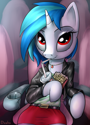 Size: 1281x1769 | Tagged: safe, artist:dazko, character:dj pon-3, character:vinyl scratch, cinema, clothing, female, jacket, necklace, popcorn, red eyes, skirt, soda, solo, theater
