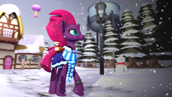 Size: 1280x720 | Tagged: safe, artist:jachau, character:fizzlepop berrytwist, character:tempest shadow, species:bird, species:pony, my little pony: the movie (2017), 3d, broken horn, clothing, cute, eye scar, female, hot air balloon, mare, ponyville, scar, scarf, snow, snowman, solo, source filmmaker, tempestbetes, watch, winter