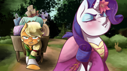 Size: 2560x1440 | Tagged: safe, artist:treblesketchofficial, character:applejack, character:rarity, ship:rarijack, :t, bag, blushing, cart, clothing, dress, eyes closed, female, frown, glare, lesbian, luggage, open mouth, pouting, puffy cheeks, shipping, unamused, walking