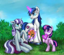 Size: 1900x1618 | Tagged: safe, artist:nyarmarr, character:shining armor, character:twilight sparkle, character:twilight velvet, flower, heart, mother's day