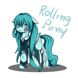 Size: 3000x3000 | Tagged: safe, artist:seishinann, species:pegasus, species:pony, bandage, female, floppy ears, hatsune miku, long mane, looking at you, mare, pigtails, ponified, raised hoof, rolling girl, scuff mark, signature, simple background, solo, sweater vest, twintails, vocaloid, white background