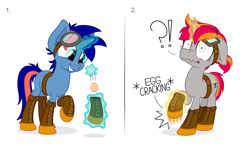 Size: 5161x3007 | Tagged: safe, artist:zutheskunk oc commissions, oc, oc only, oc:ironfire, oc:ryo, species:pony, species:unicorn, absurd resolution, boots, clothing, comic, commission, descriptive noise, duo, egg, exclamation point, female, goggles, interrobang, iryo, levitation, magic, male, mare, prank, question mark, raised hoof, shocked, shoes, shrunken pupils, simple background, smiling, stallion, standing, telekinesis, vector, wavy mouth, white background