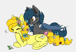 Size: 1971x1347 | Tagged: safe, artist:robiinart, oc, oc only, oc:butterscotch (robiinart), oc:speck, species:bat pony, species:earth pony, species:pony, bat pony oc, flower, flower in hair, flower in mouth, mouth hold