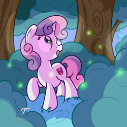 Size: 2560x2560 | Tagged: safe, artist:vaetan, character:sweetie belle, species:pony, species:unicorn, cutie mark, female, filly, firefly, forest, insect, looking up, night, open mouth, shrub, solo, standing, the cmc's cutie marks, tree