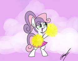 Size: 1432x1124 | Tagged: safe, artist:gearholder, character:sweetie belle, species:pony, bipedal, cheerleader, missing horn, pom pom, ponytail