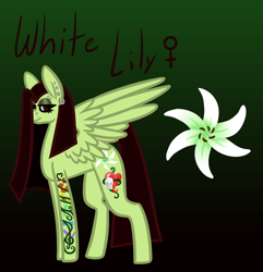 Size: 770x800 | Tagged: safe, artist:eppyminecart, oc, oc only, oc:white lilly, parent:applejack, parent:strawberry sunrise, parents:applerise, species:pony, icey-verse, ear piercing, earring, eyebrow piercing, female, goth, gradient background, green background, jewelry, magical lesbian spawn, mare, next generation, nose piercing, offspring, piercing, simple background, solo, tattoo