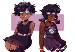 Size: 2100x1451 | Tagged: safe, artist:mochietti, character:diamond tiara, character:silver spoon, species:human, alternate hairstyle, alternate universe, blushing, bracelet, choker, clothing, dark skin, dress, duo, ear piercing, earring, eyebrow piercing, female, glasses, goth, hair dye, humanized, jewelry, lip piercing, necklace, nose piercing, older, pantyhose, piercing, pigtails, pleated skirt, ripped pantyhose, simple background, skirt, socks, spiked choker, stockings, striped pantyhose, striped socks, tank top, tattoo, thigh highs, torn clothes, transparent background