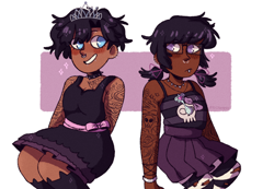 Size: 2100x1451 | Tagged: safe, alternate version, artist:mochietti, character:diamond tiara, character:silver spoon, species:human, alternate hairstyle, alternate universe, blushing, bracelet, choker, clothing, dark skin, dress, duo, ear piercing, earring, eyebrow piercing, female, glasses, goth, hair dye, humanized, jewelry, lip piercing, necklace, nose piercing, older, pantyhose, piercing, pigtails, pleated skirt, ripped pantyhose, simple background, skirt, socks, spiked choker, stockings, striped pantyhose, striped socks, tank top, tattoo, thigh highs, torn clothes, white background