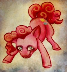 Size: 738x800 | Tagged: safe, artist:sleepwalks, character:pinkie pie, species:earth pony, species:pony, abstract background, creepy, face down ass up, female, mare, sharp teeth, solo, teeth