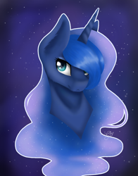 Size: 1024x1304 | Tagged: safe, artist:lilrandum, character:princess luna, species:pony, bust, detailed background, detailed eyes, female, portrait, shading, smiling, solo, white outline