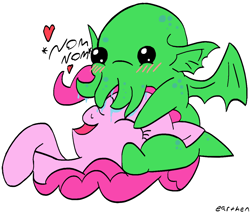 Size: 1000x846 | Tagged: safe, artist:earthenhoof, character:pinkie pie, species:earth pony, species:pony, beady eyes, blushing, chibi, cthulhu, female, heart, lying down, male, monster, nom, open mouth, salivating, tentacles, text, wings