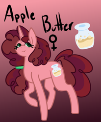 Size: 850x1030 | Tagged: safe, artist:eppyminecart, oc, oc only, oc:apple butter (ice1517), parent:big macintosh, parent:sugar belle, parents:sugarmac, species:pony, species:unicorn, icey-verse, female, gradient background, mare, next generation, offspring, raised hoof, red background, simple background, solo