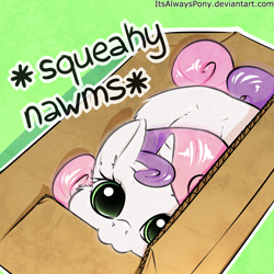 Size: 2000x2000 | Tagged: safe, artist:itsalwayspony, character:sweetie belle, species:pony, species:unicorn, :3, behaving like a cat, biting, box, cardboard box, cheek fluff, colored pupils, cute, dawwww, descriptive noise, diasweetes, dilated pupils, ear fluff, female, filly, green background, happy, hnnng, horn, itsalwayspony is trying to murder us, kitty belle, leg fluff, looking at you, looking up, mouth hold, nom, ponified animal photo, pony in a box, prone, puffy cheeks, simple background, solo, squeak, squeaky belle, text, weapons-grade cute, wide eyes