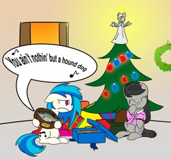 Size: 1041x965 | Tagged: safe, artist:extremeasaur5000, character:derpy hooves, character:dj pon-3, character:octavia melody, character:vinyl scratch, species:pegasus, species:pony, ship:scratchtavia, christmas, christmas tree, clothing, female, lesbian, mare, pajamas, present, pun, shipping, singing bass, tree