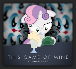 Size: 1090x991 | Tagged: safe, artist:jan, artist:medio-cre, artist:swan song, edit, screencap, character:sweetie belle, species:pony, fanfic:this game of mine, episode:hurricane fluttershy, g4, my little pony: friendship is magic, button's adventures, cover art, eye, eyes, fanfic, female, foal, joy boy, milkshake, solo, typography, video game