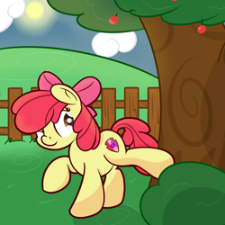 Size: 1024x1024 | Tagged: safe, artist:vaetan, character:apple bloom, species:earth pony, species:pony, apple tree, applebucking, cloud, female, fence, filly, solo, sun, tree