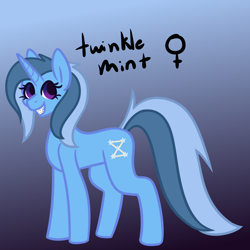 Size: 900x900 | Tagged: safe, artist:eppyminecart, oc, oc only, oc:twinkle mint, parent:minuette, parent:trixie, parents:minixie, species:pony, species:unicorn, icey-verse, blue background, braces, female, gradient background, magical lesbian spawn, mare, offspring, simple background, solo